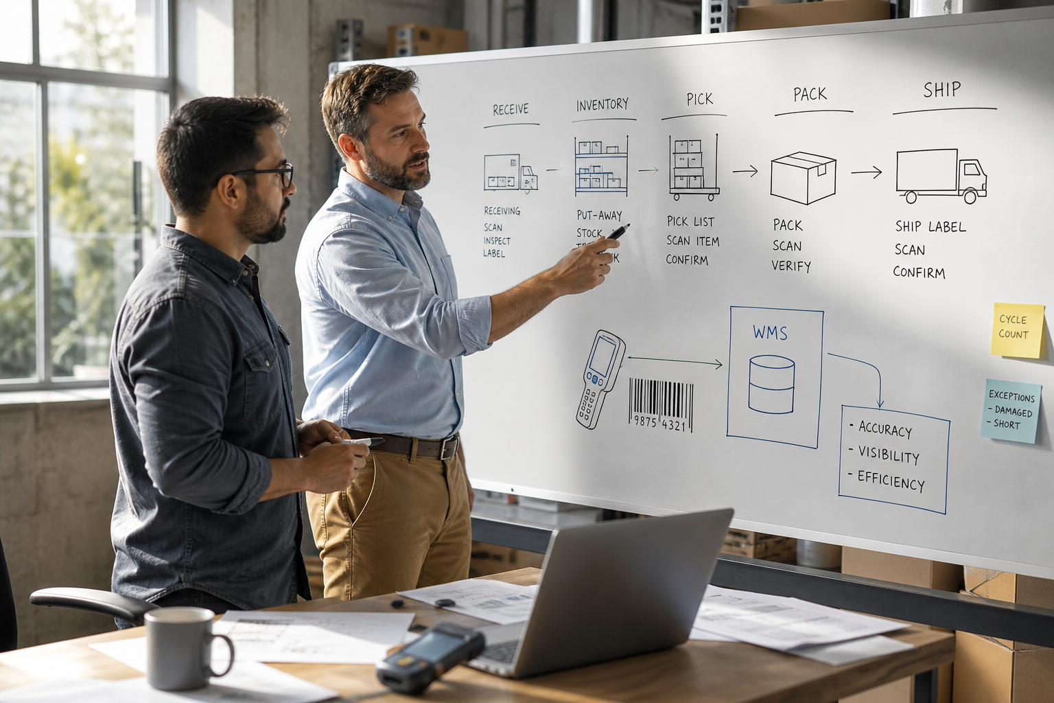 Warehouse management app development team planning inventory tracking barcode scanning receiving picking packing shipping stock transfers warehouse automation analytics AI and administration