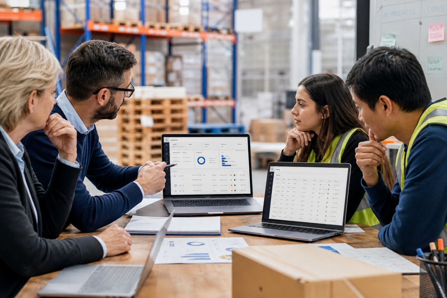 Warehouse management app development team planning inventory tracking barcode scanning order fulfillment stock transfers warehouse automation analytics AI and administration