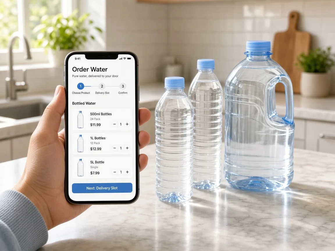 Water ordering app showing bottled water products, quantities, delivery slots, payments, and order tracking
