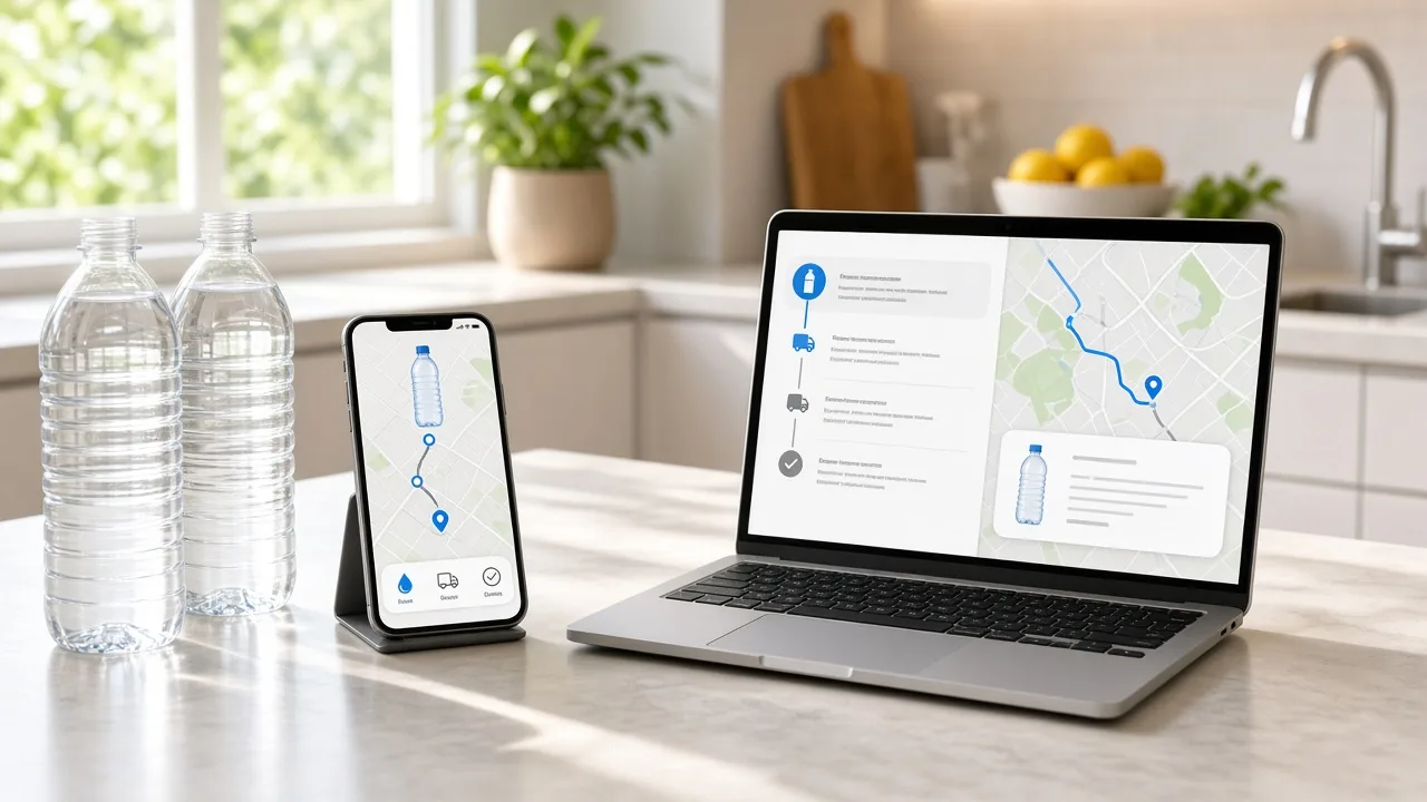 Water delivery platform connecting customer orders, subscriptions, suppliers, inventory, delivery partners, payments, and tracking