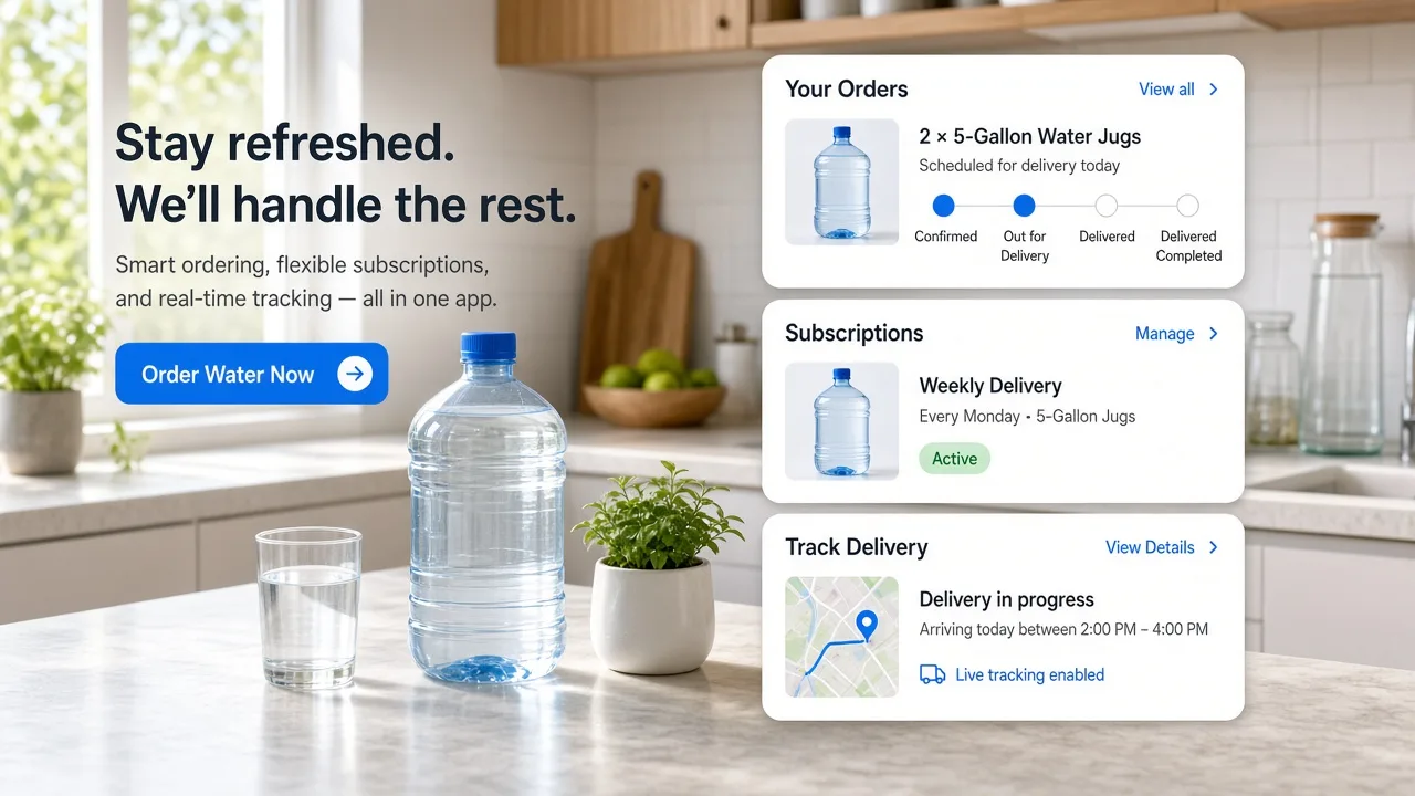Water delivery app concept showing customer orders, subscriptions, supplier management, delivery tracking, payments, and inventory