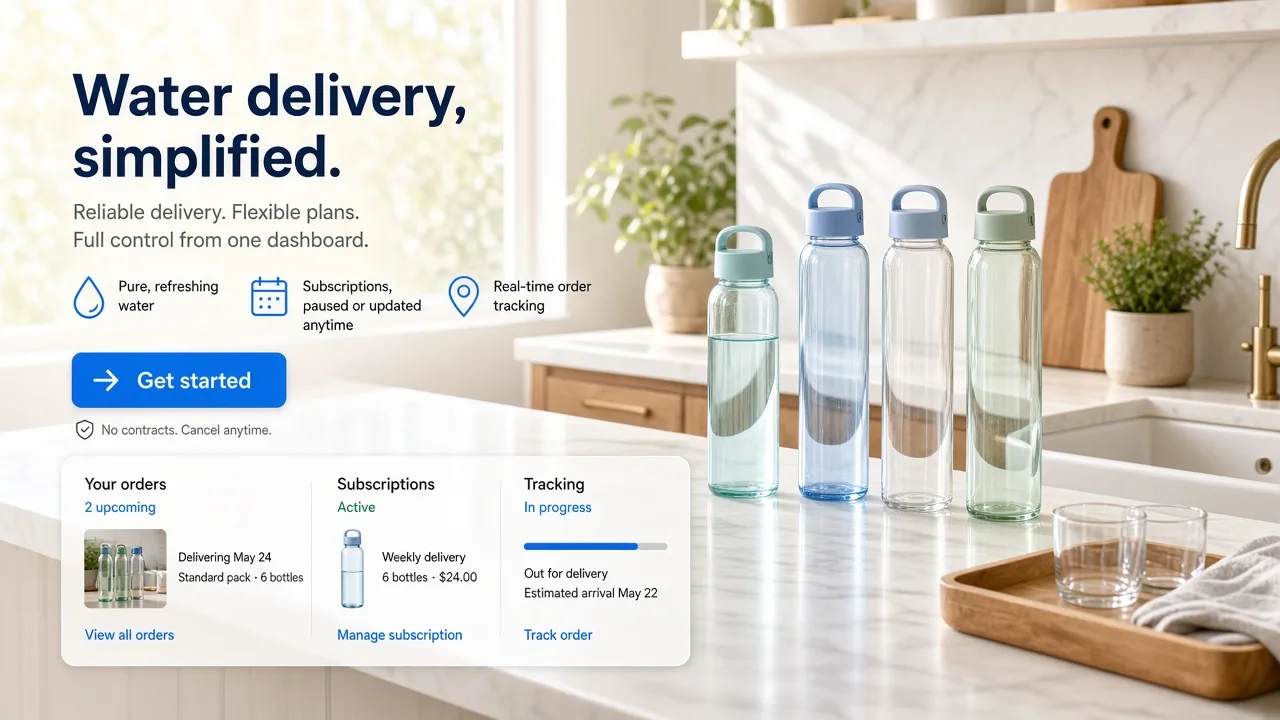 Water delivery platform connecting customer orders, subscriptions, suppliers, inventory, delivery partners, payments, and tracking