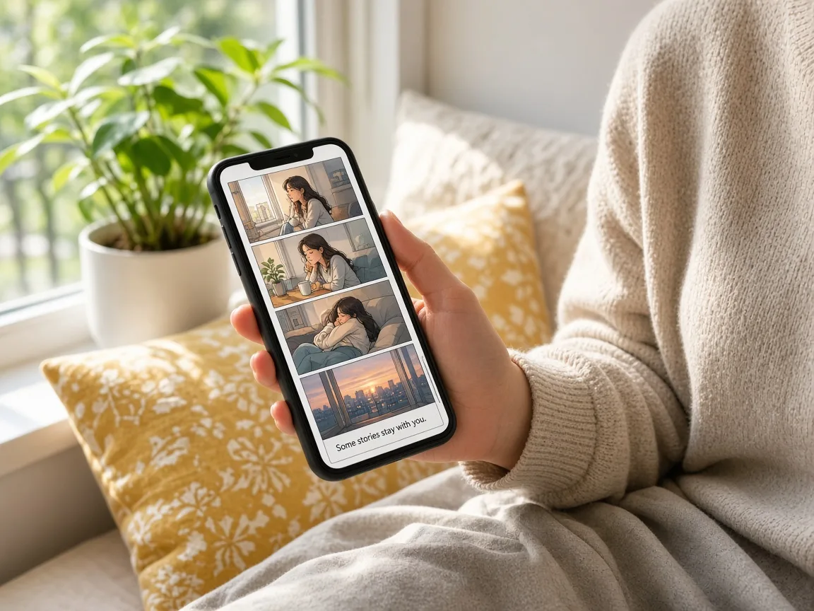 Web comic reading application showing vertical scroll episodes, bookmarks, libraries, and personalized recommendations