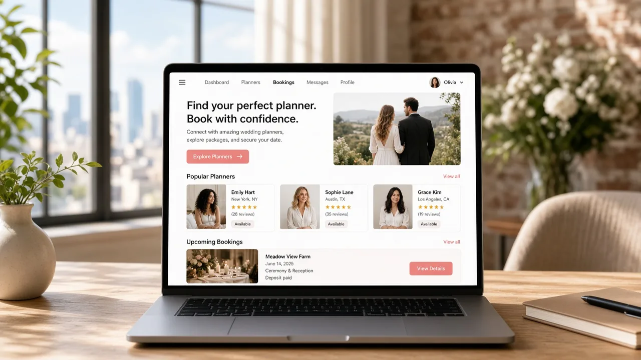 Wedding planning app concept showing couples, vendors, planners, guests, bookings, budgets, schedules, and event management