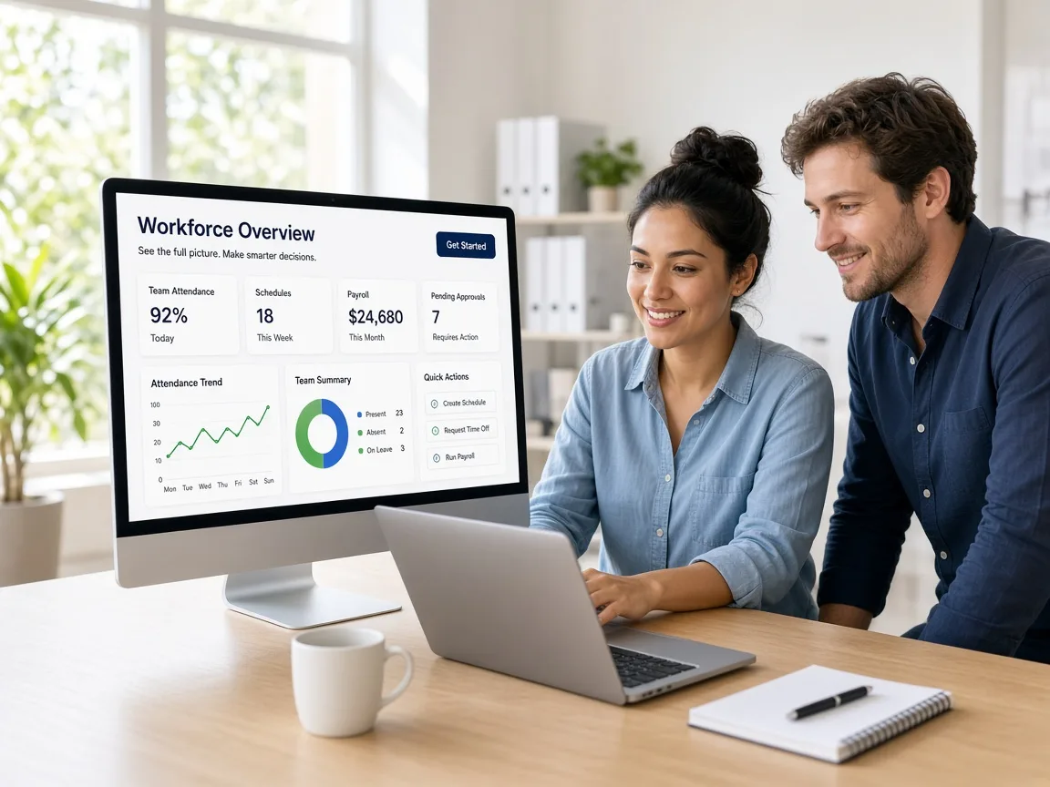 Workforce management software showing employee schedules, attendance, payroll workflows, team management, and analytics