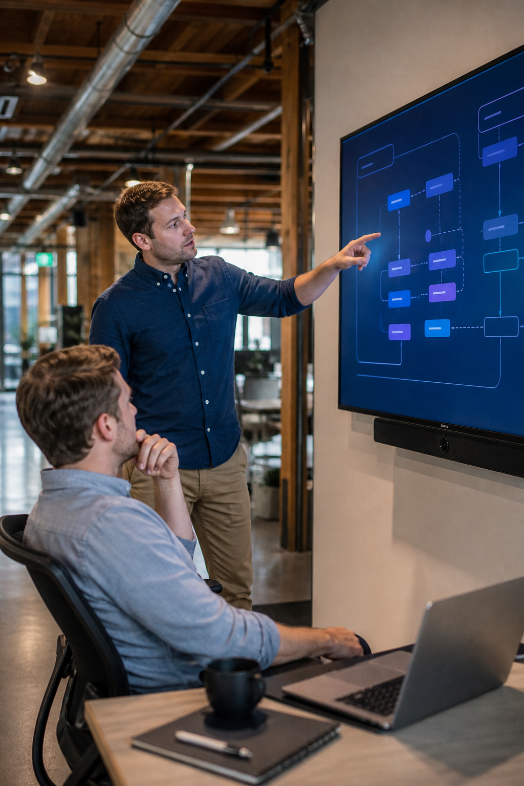 Developers reviewing a product roadmap in a modern studio