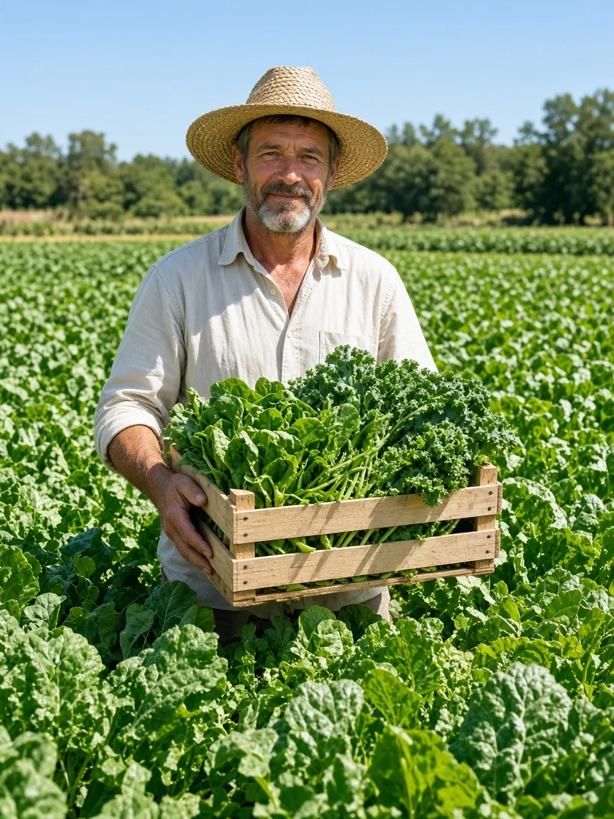 A farmer stands in a bright leafy crop field holding a wooden crate of fresh greens.