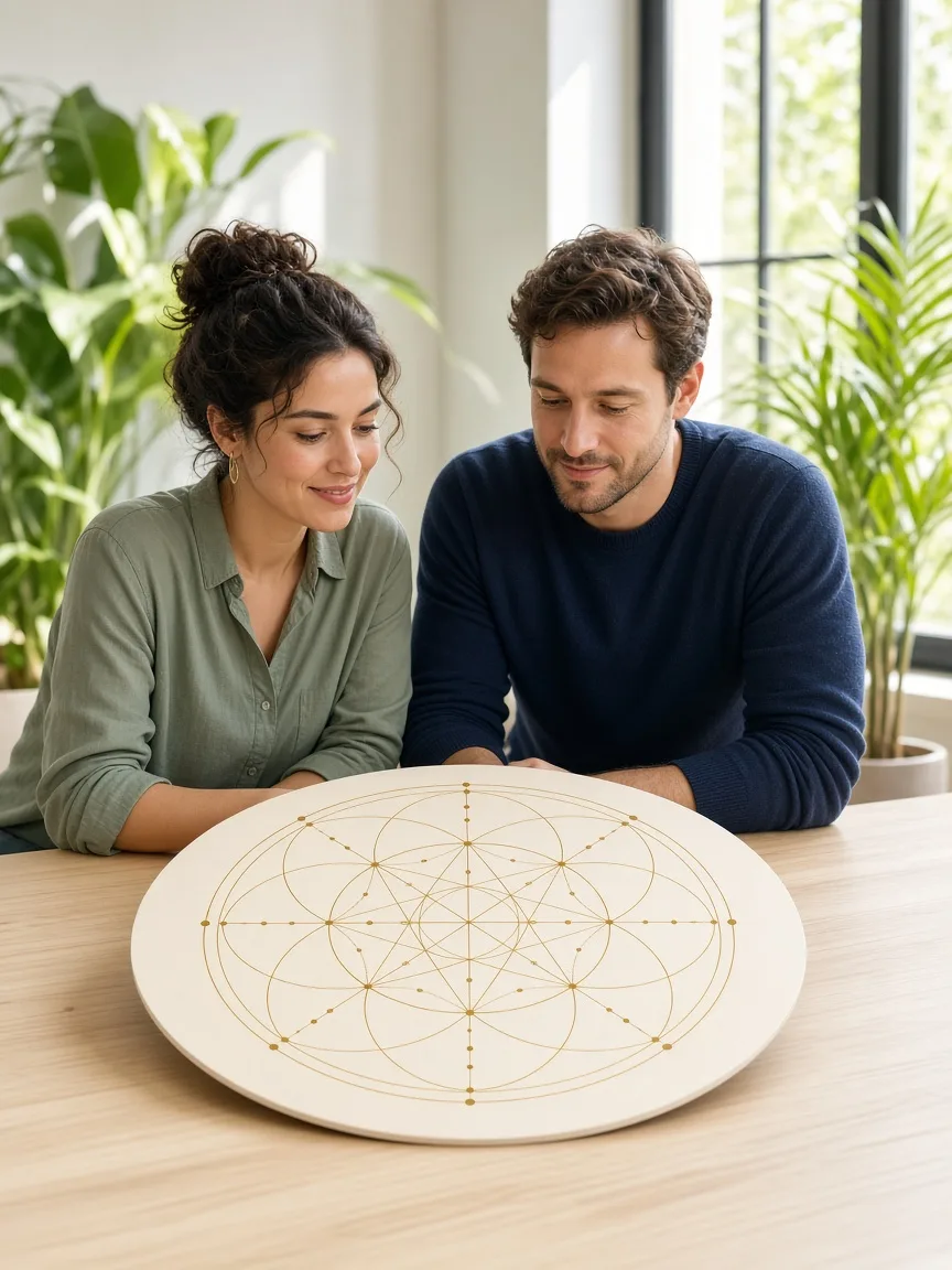 Two people reviewing a circular star chart of gold rings and dots at a bright studio table.