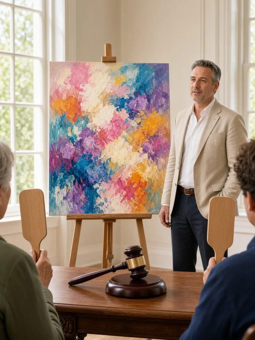 An auctioneer beside a colorful painting, with a gavel on the table and bidders holding blank paddles.