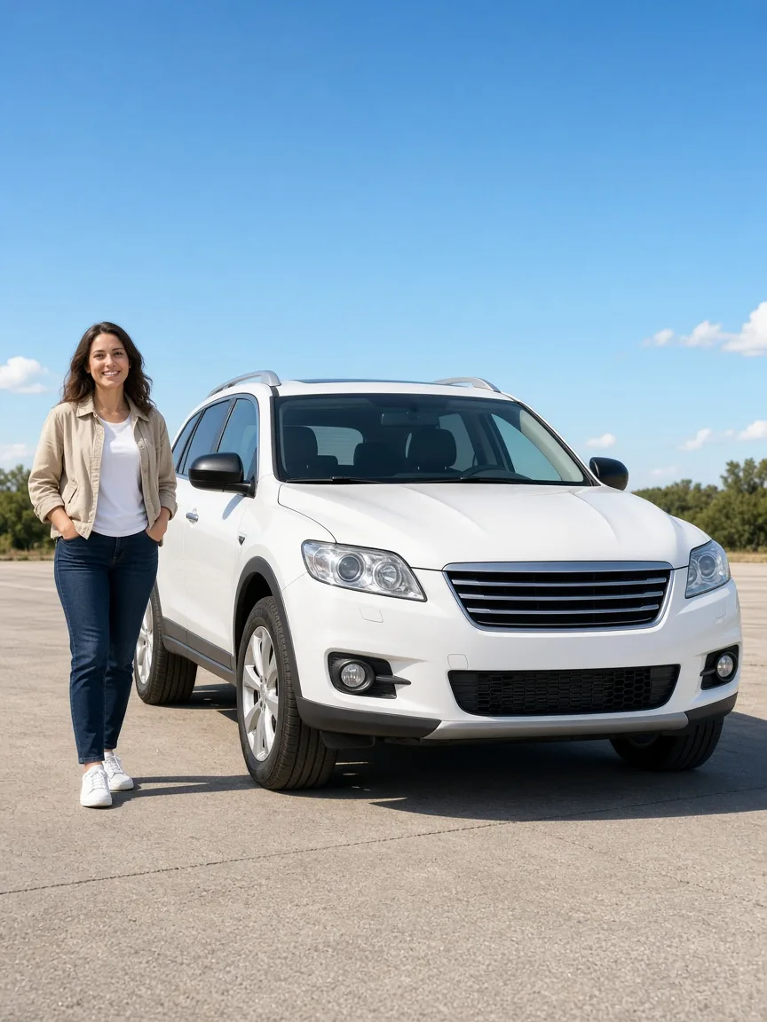 A person stands beside a plain white crossover on a sunny paved lot.