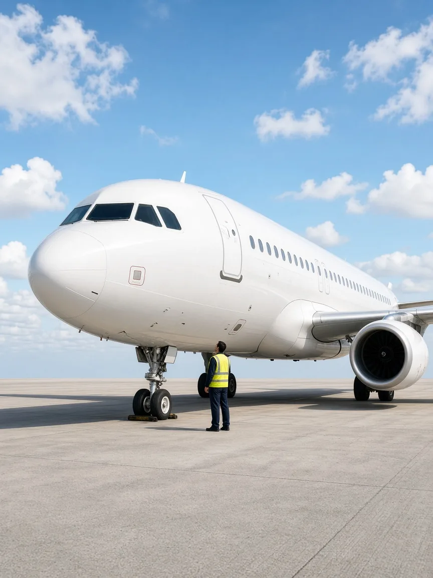 A ground crew member in a yellow vest stands beside a white passenger airplane on a sunny airport apron.