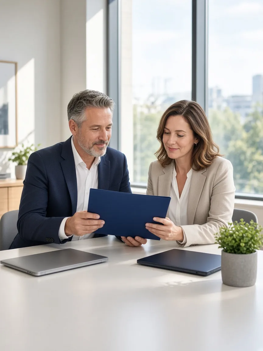 Two colleagues review a blank navy folder at a sunlit table with closed laptops.