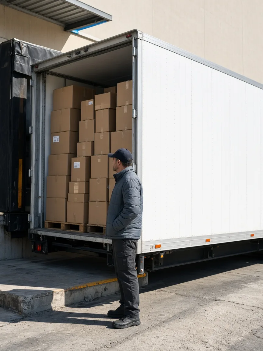 A worker in an insulated jacket stands beside an open white refrigerated trailer loaded with plain boxes.