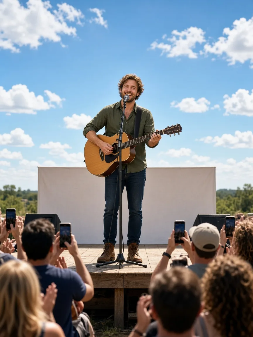 A guitarist performs on a sunny outdoor stage in front of a cheering crowd and a plain backdrop.