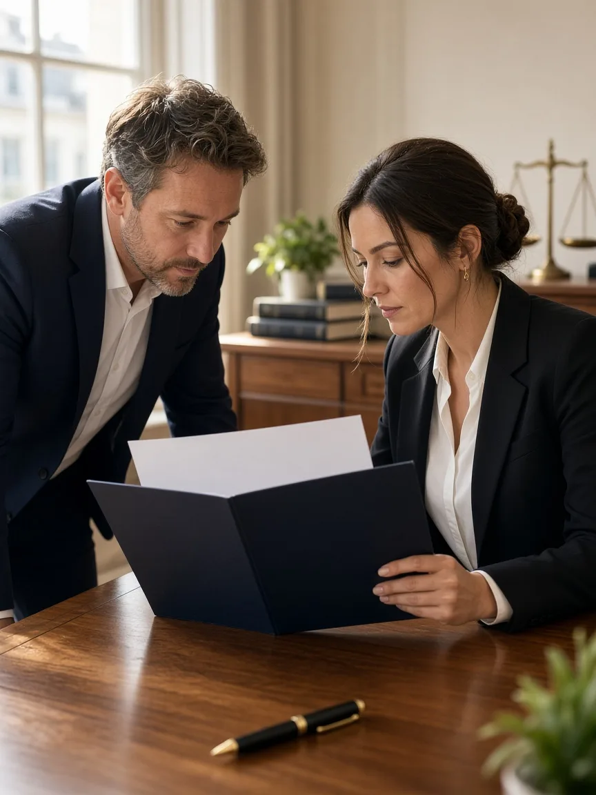 Two professionals review a blank page in a navy folder at a sunlit legal desk.