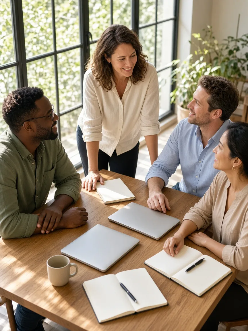 A facilitator stands with colleagues around a sunny table with closed laptops and blank notebooks.