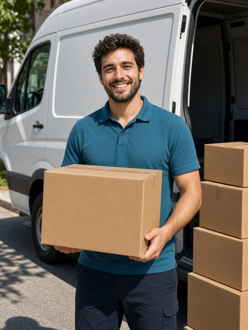 A courier in a teal shirt holds a plain parcel beside an open white delivery van.