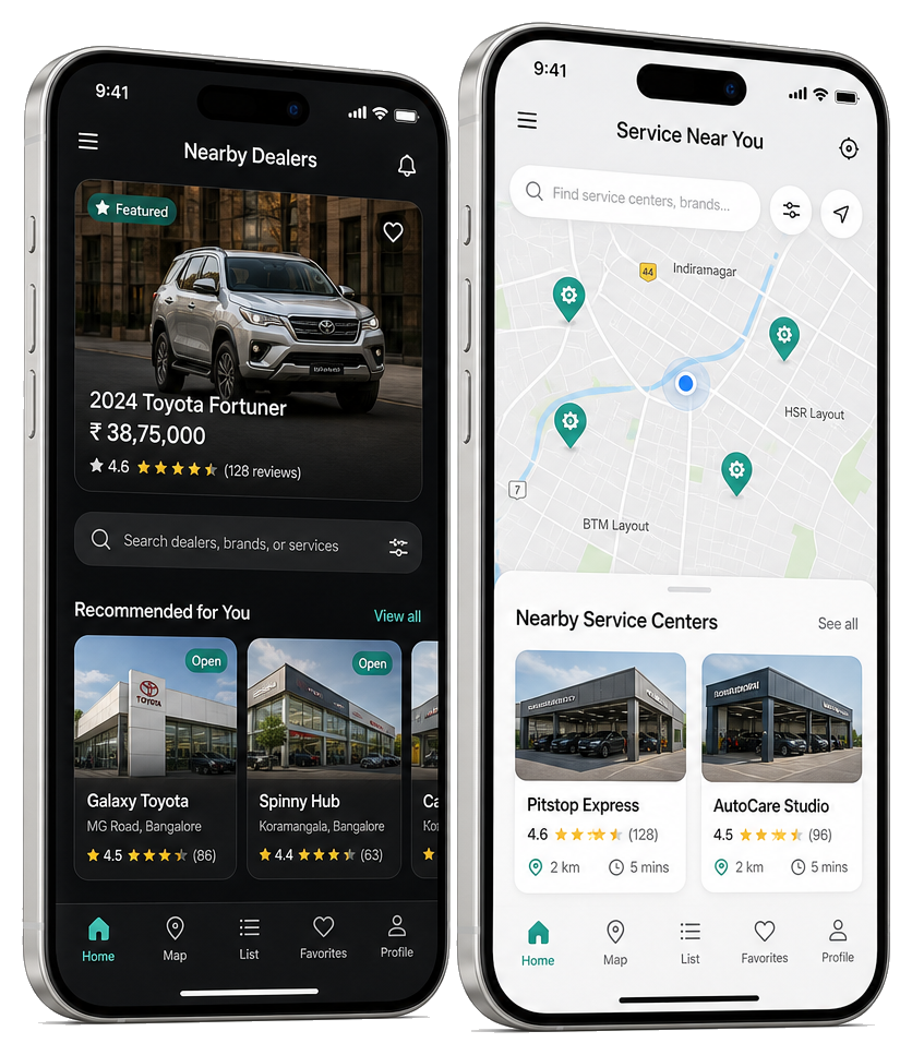 Automotive mobile app screens for dealers and nearby service