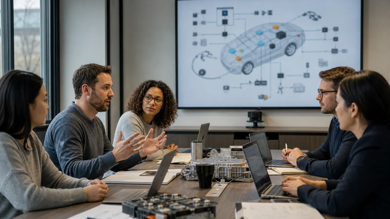 Automotive software team collaborating on connected vehicle platforms