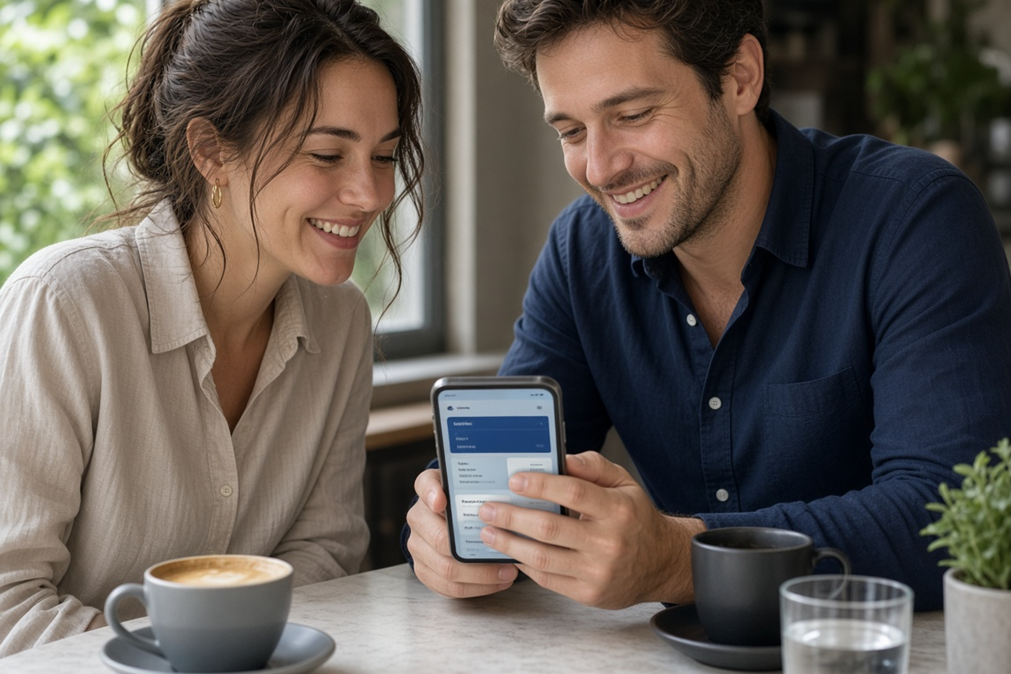 Customers using digital banking on a phone in a cafe
