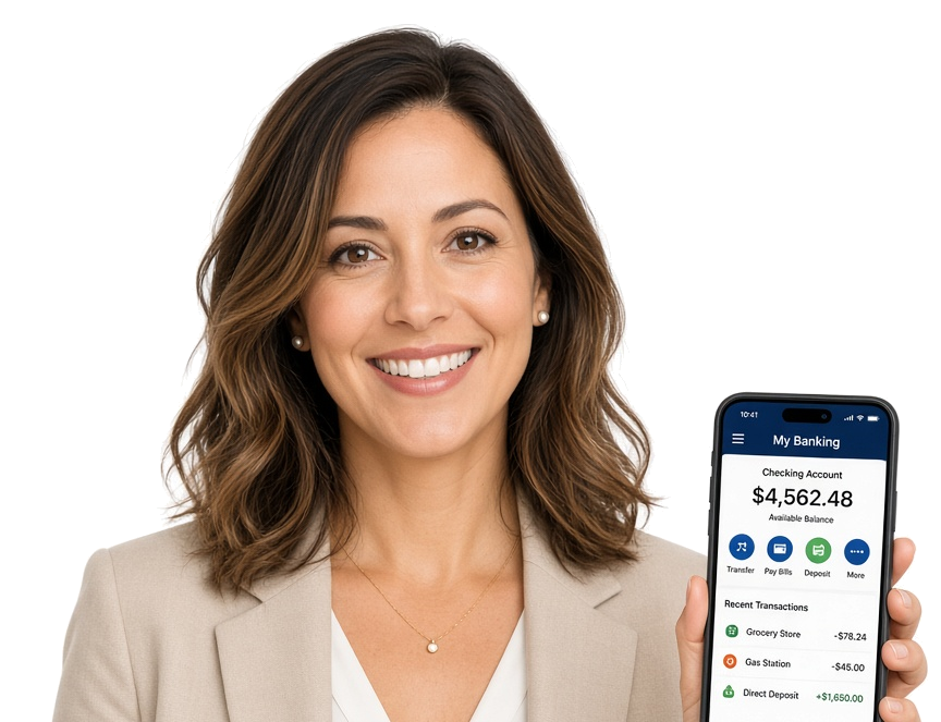 Banking professional using a digital banking app on a smartphone