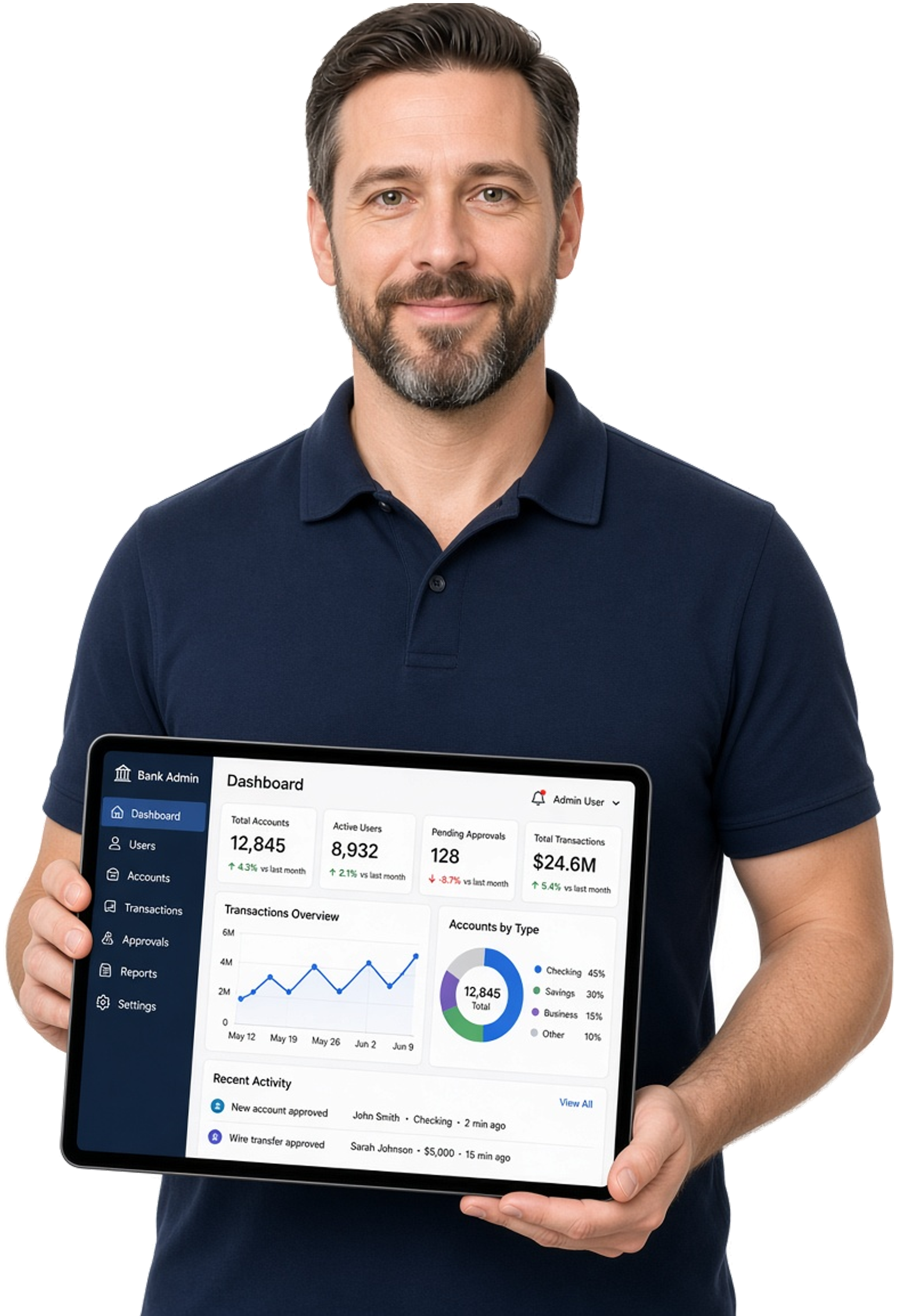Banking software developers presenting a digital banking portal on a tablet