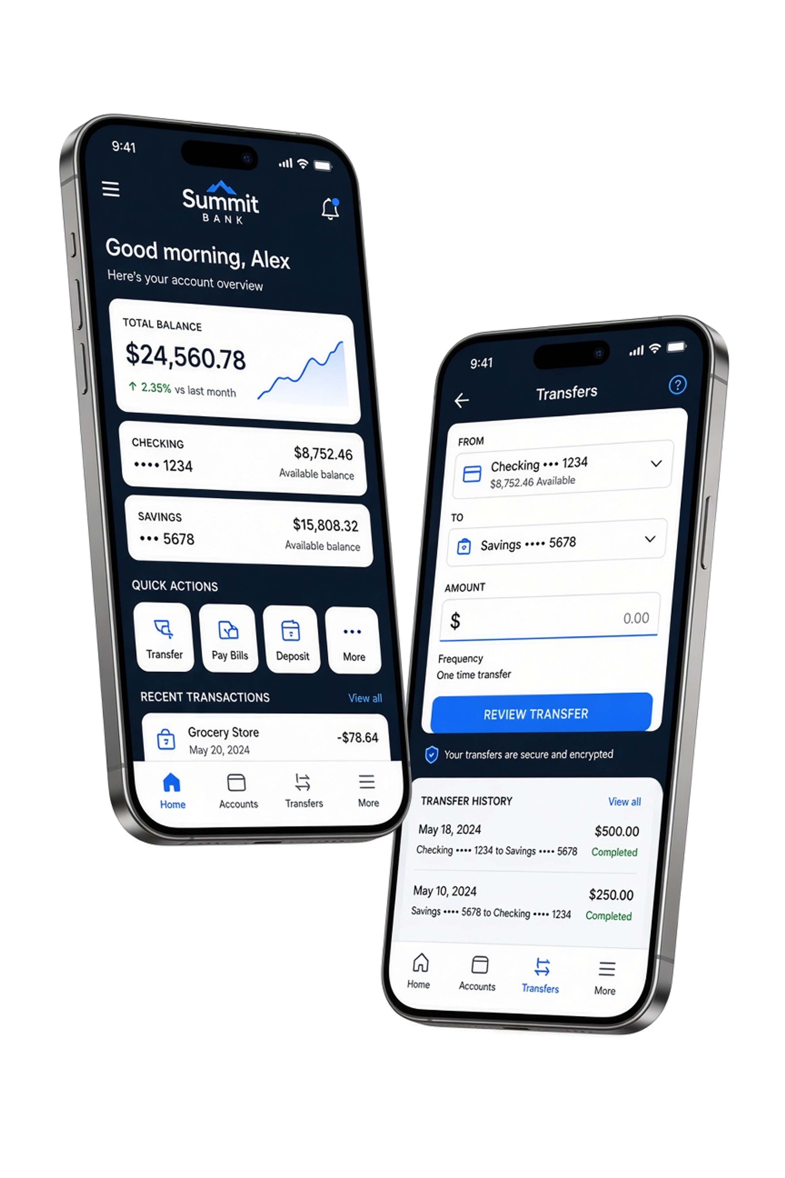 Banking app screens for online banking, transfers, and account management