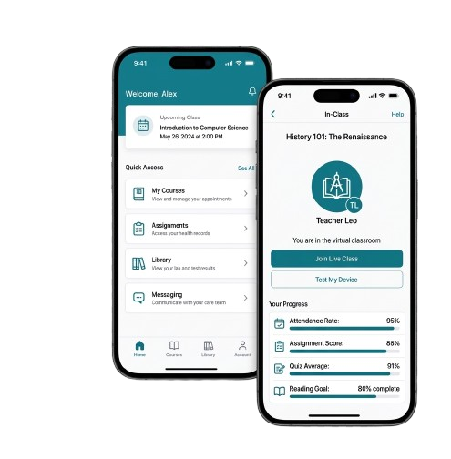 Education app screens showing student dashboard, live classes, and progress tracking