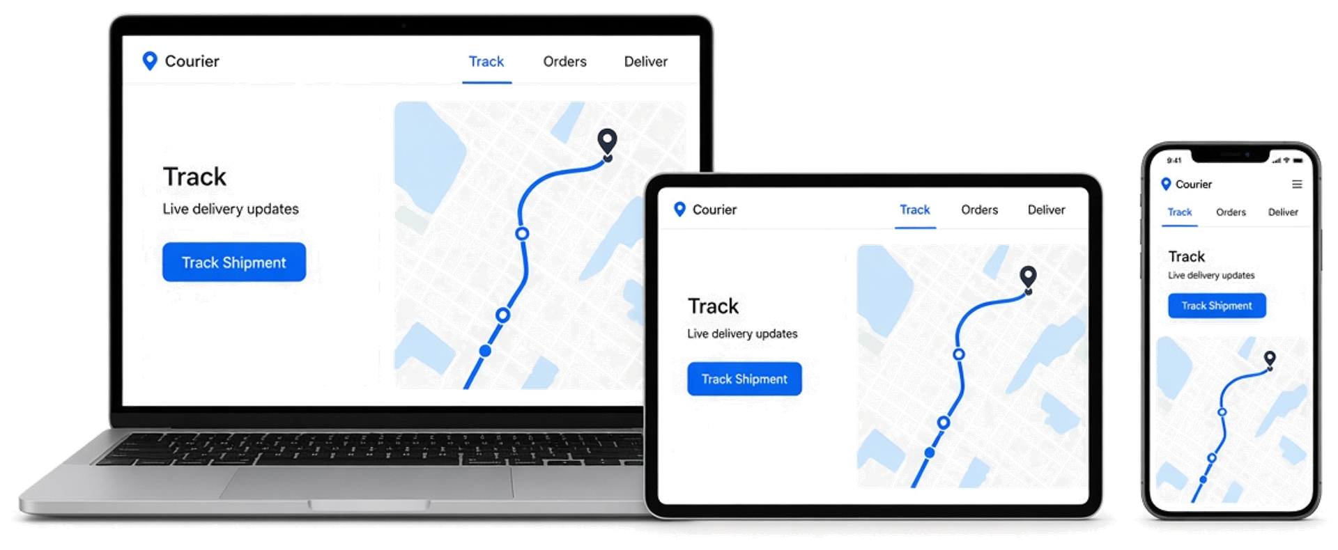 Laptop, tablet, and phone showing courier tracking dashboards