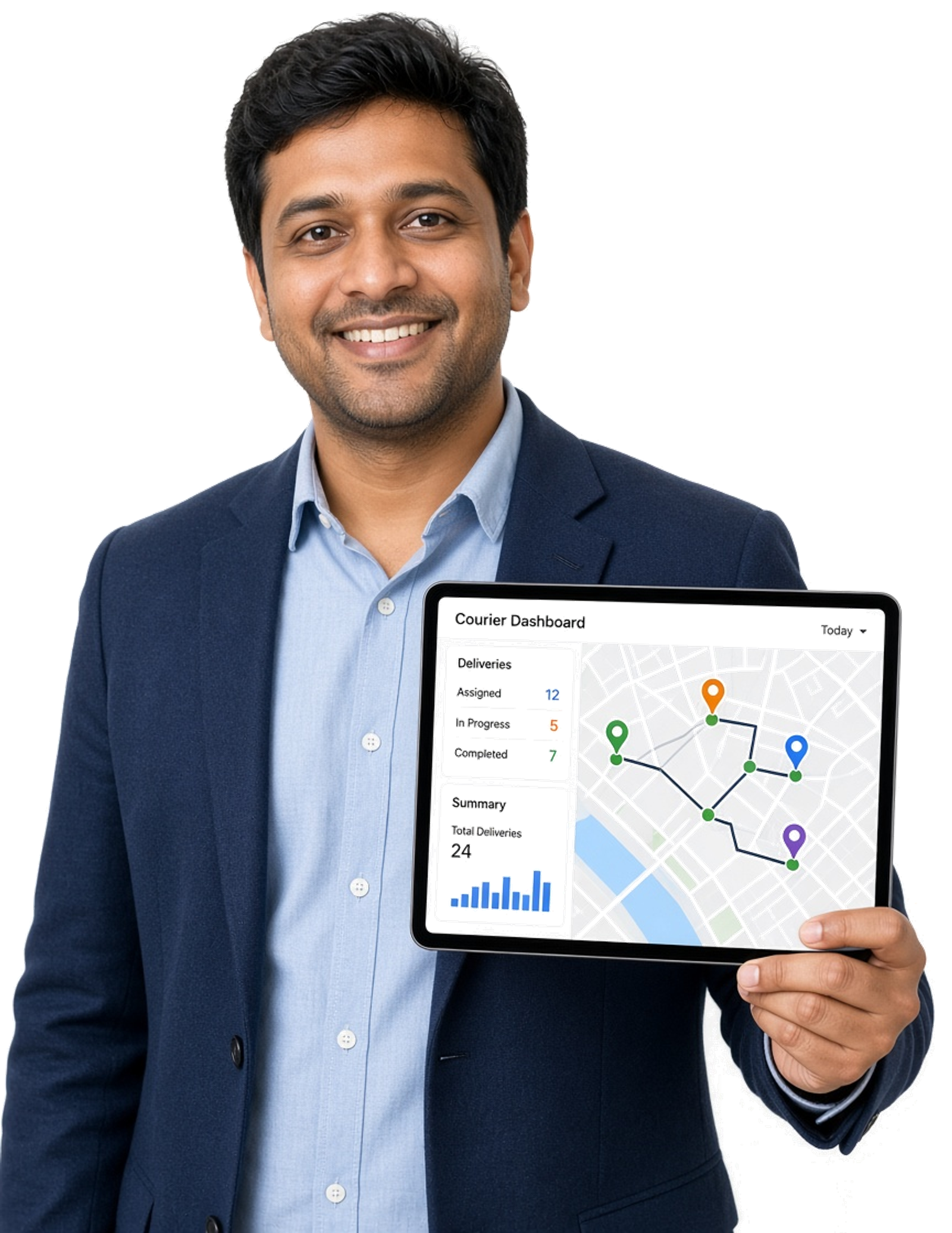 Courier app developer holding a dispatch dashboard on a tablet