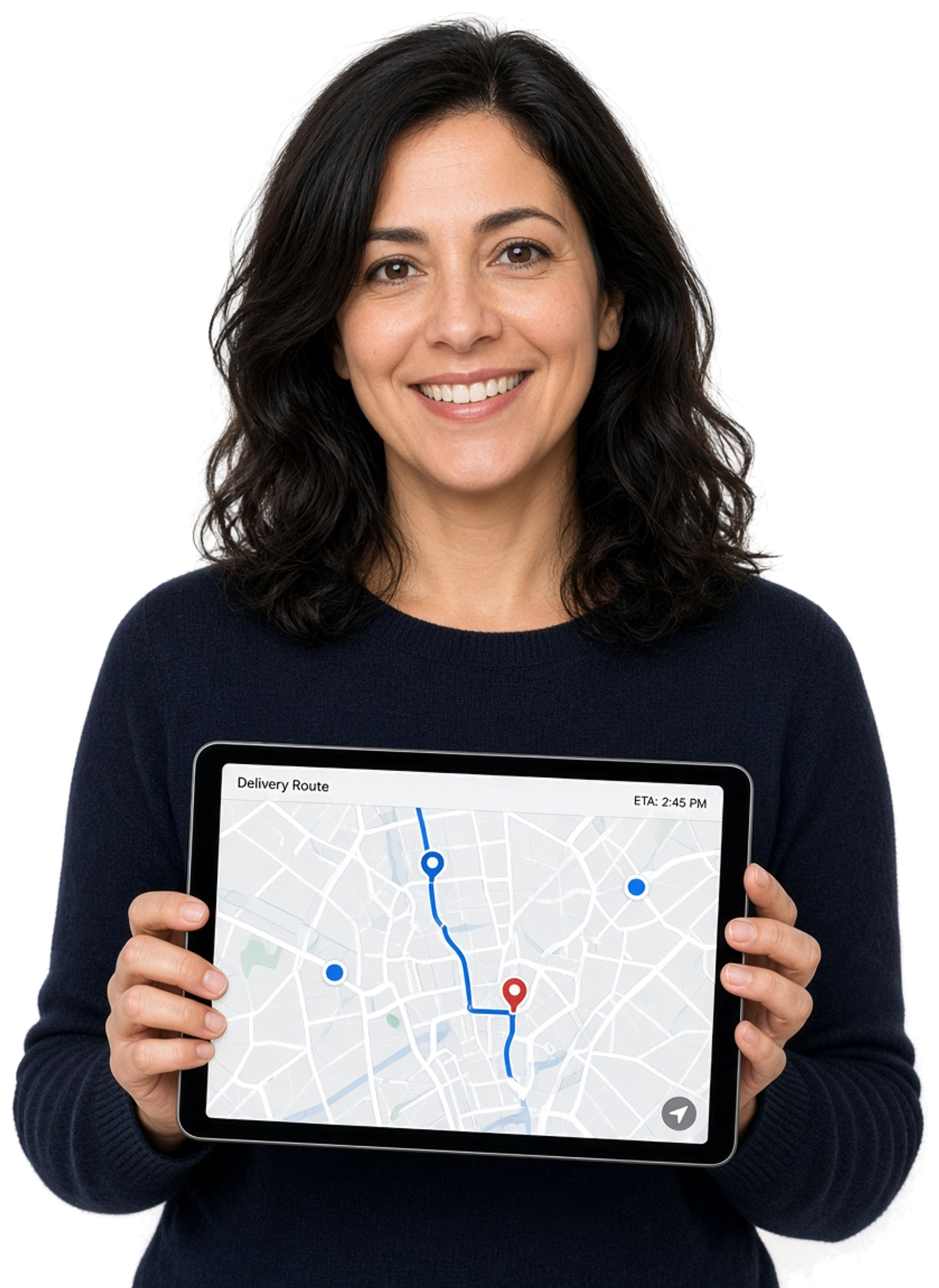Courier app developer presenting a delivery dashboard on a tablet
