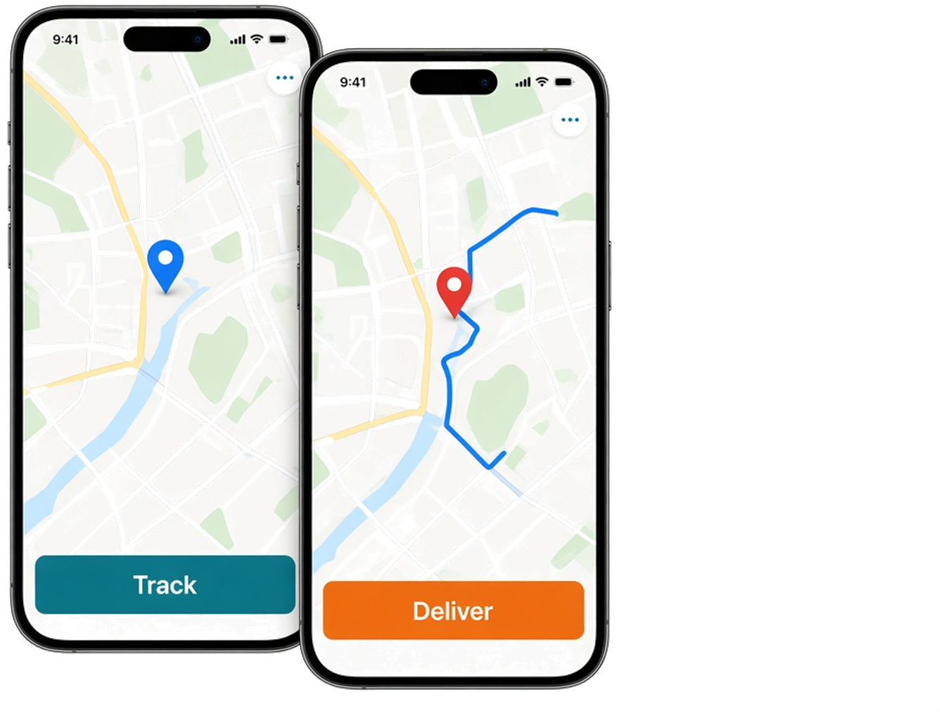 Courier app screens for booking, GPS tracking, and delivery proof