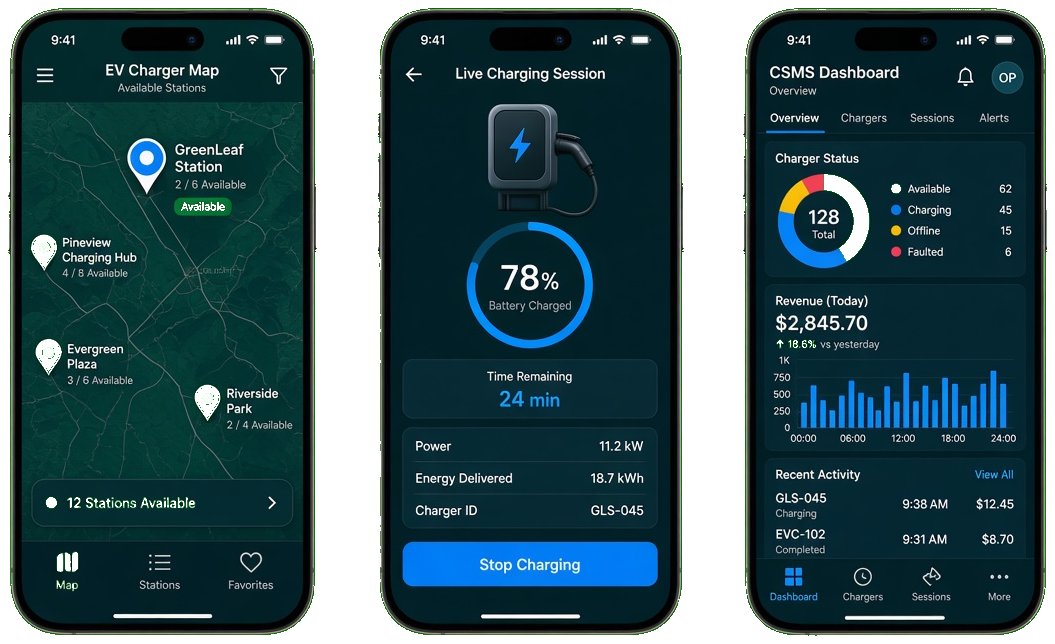 electric vehicle charging app screens