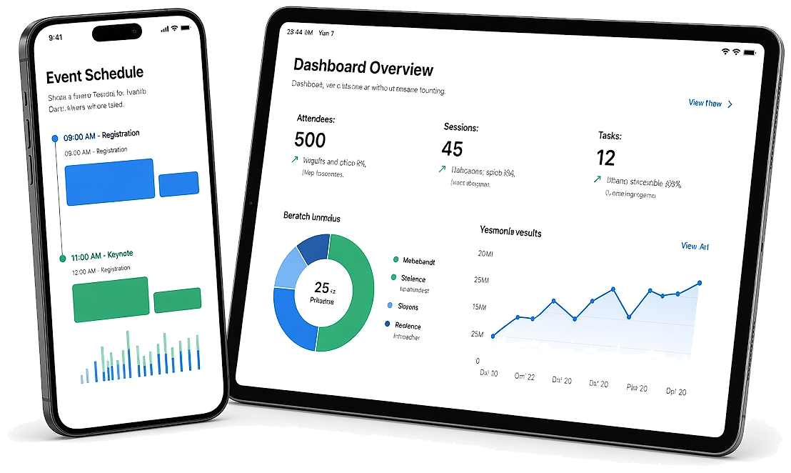 Event app dashboard on phone and laptop for event managers