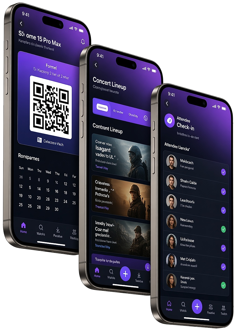 Event management app screens showing event schedules, QR check-in, and digital tickets