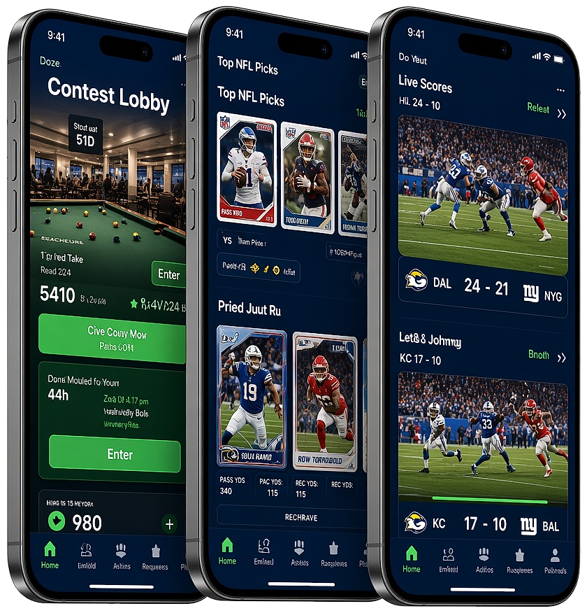 Fantasy sports app screens for contests, live scores, and team builder