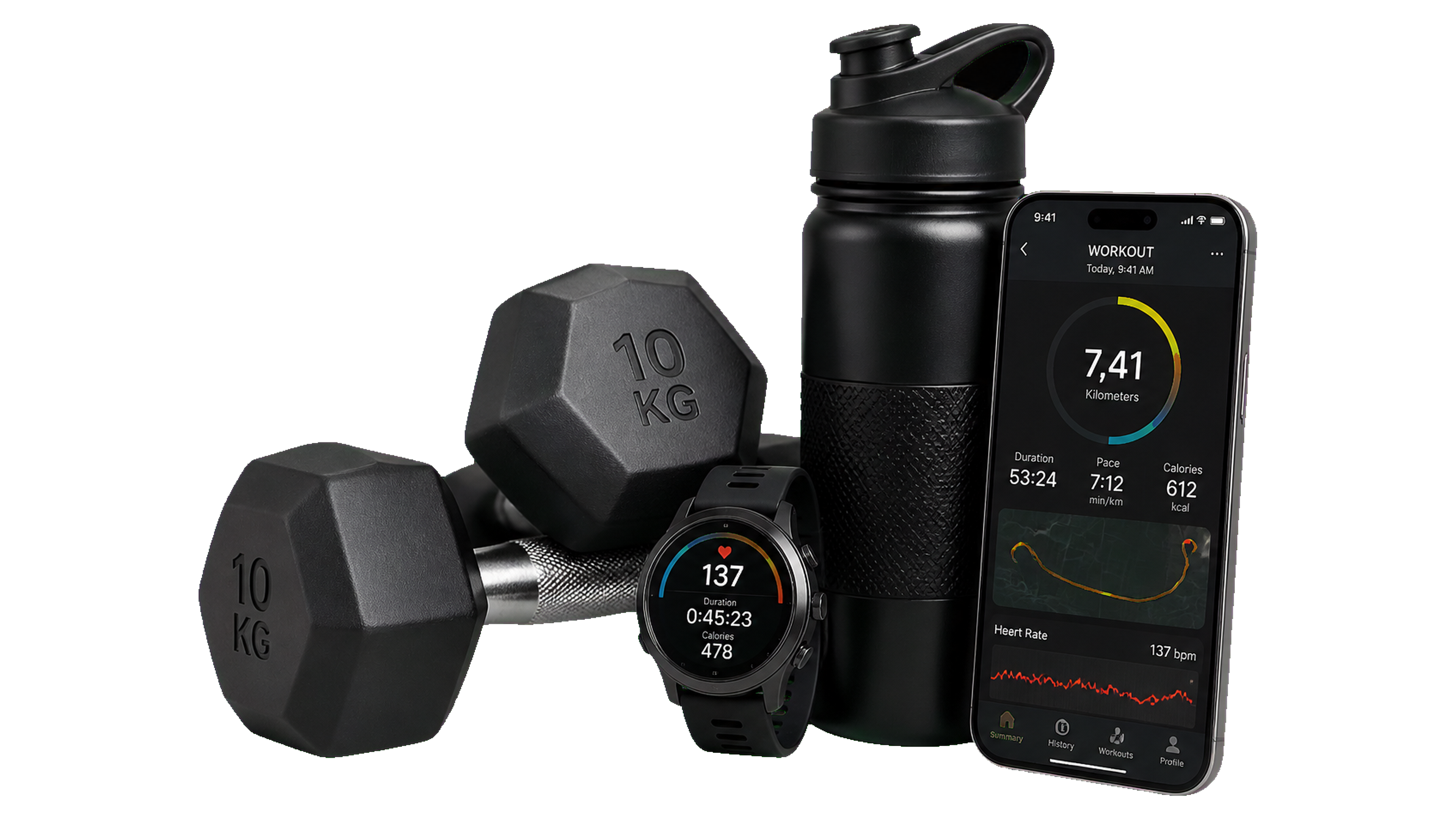 Fitness gear, dumbbells, and smartwatch