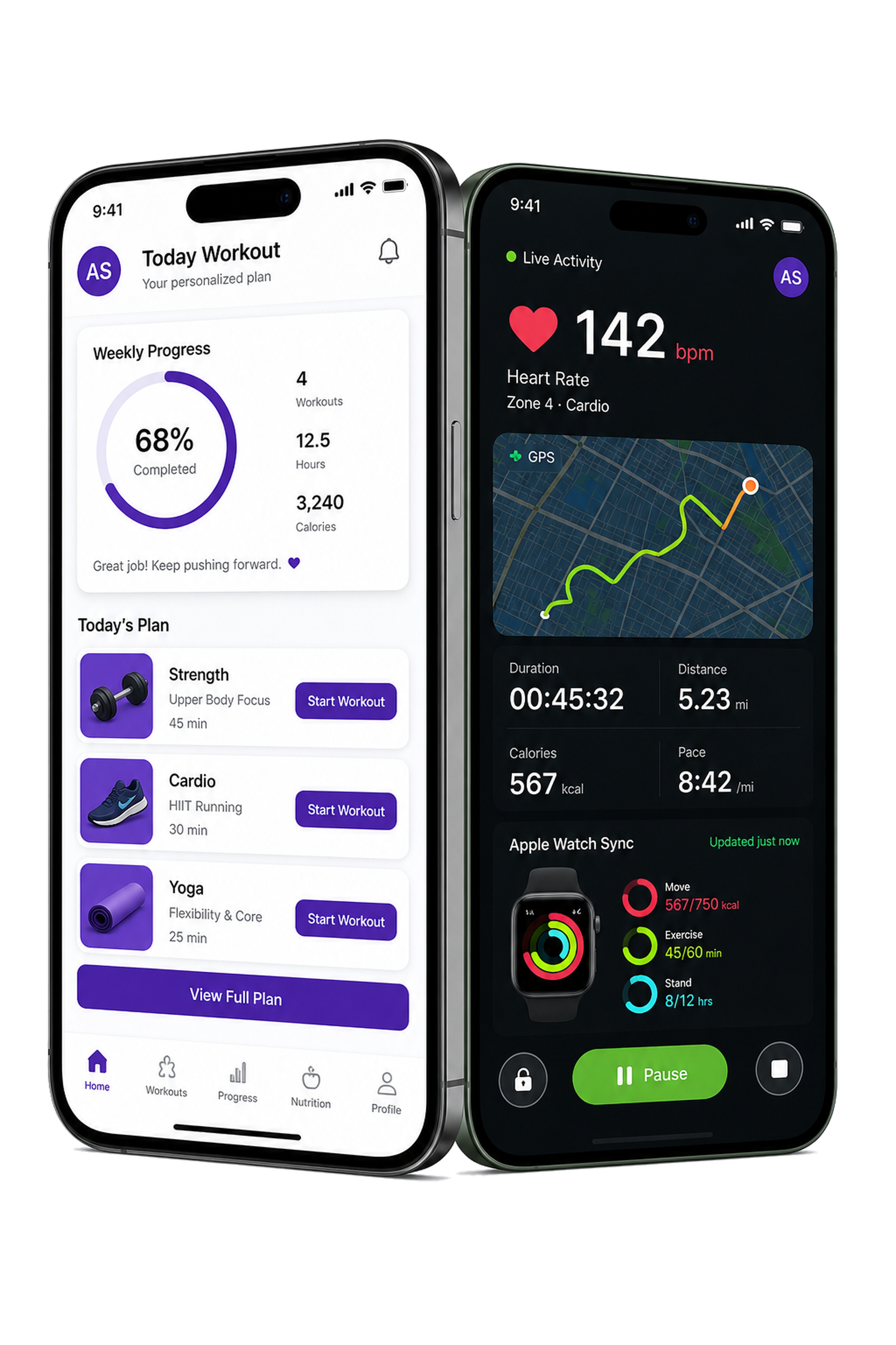 Fitness app screens for workouts and activity tracking
