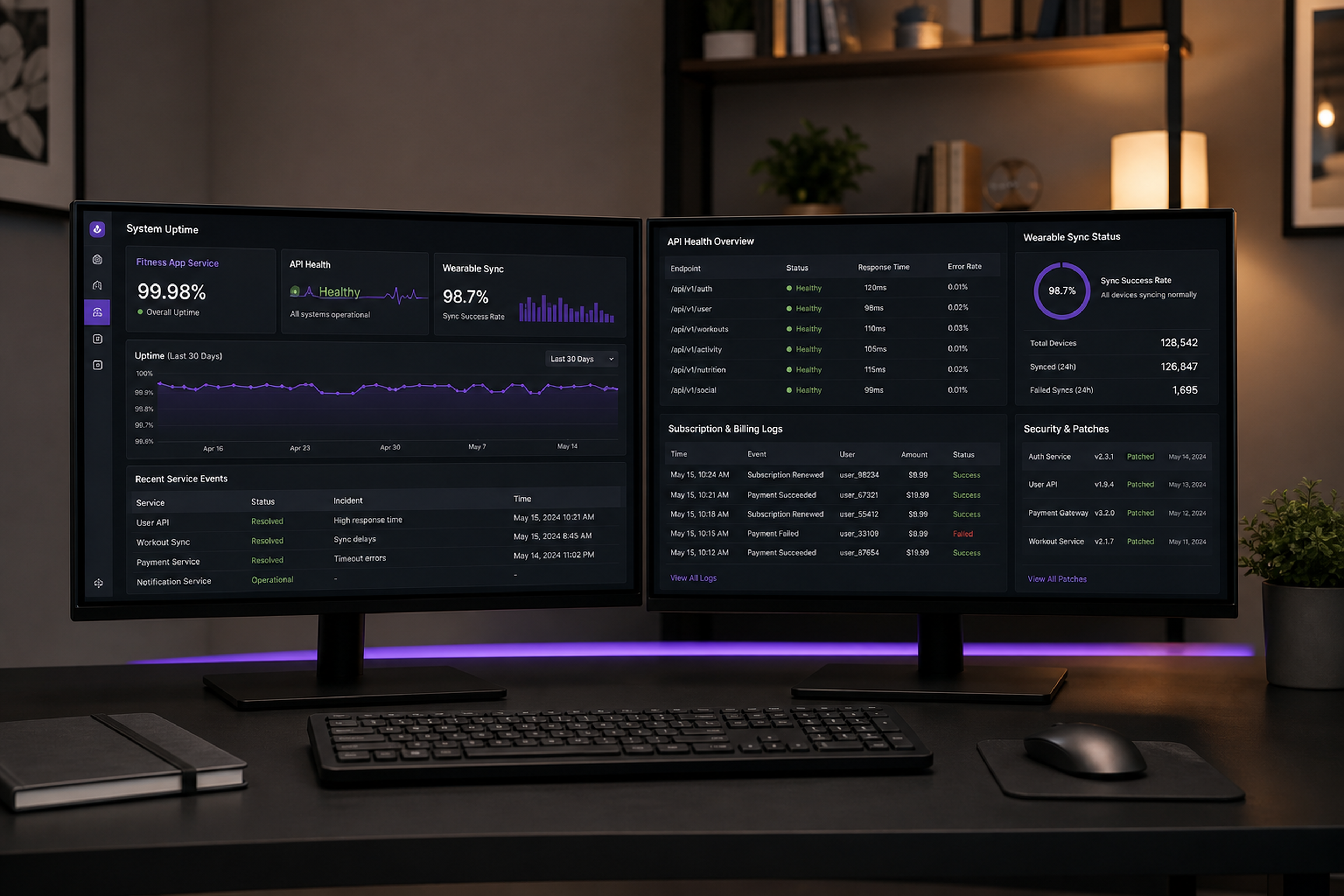 Fitness app operations and wearable tracking dashboard