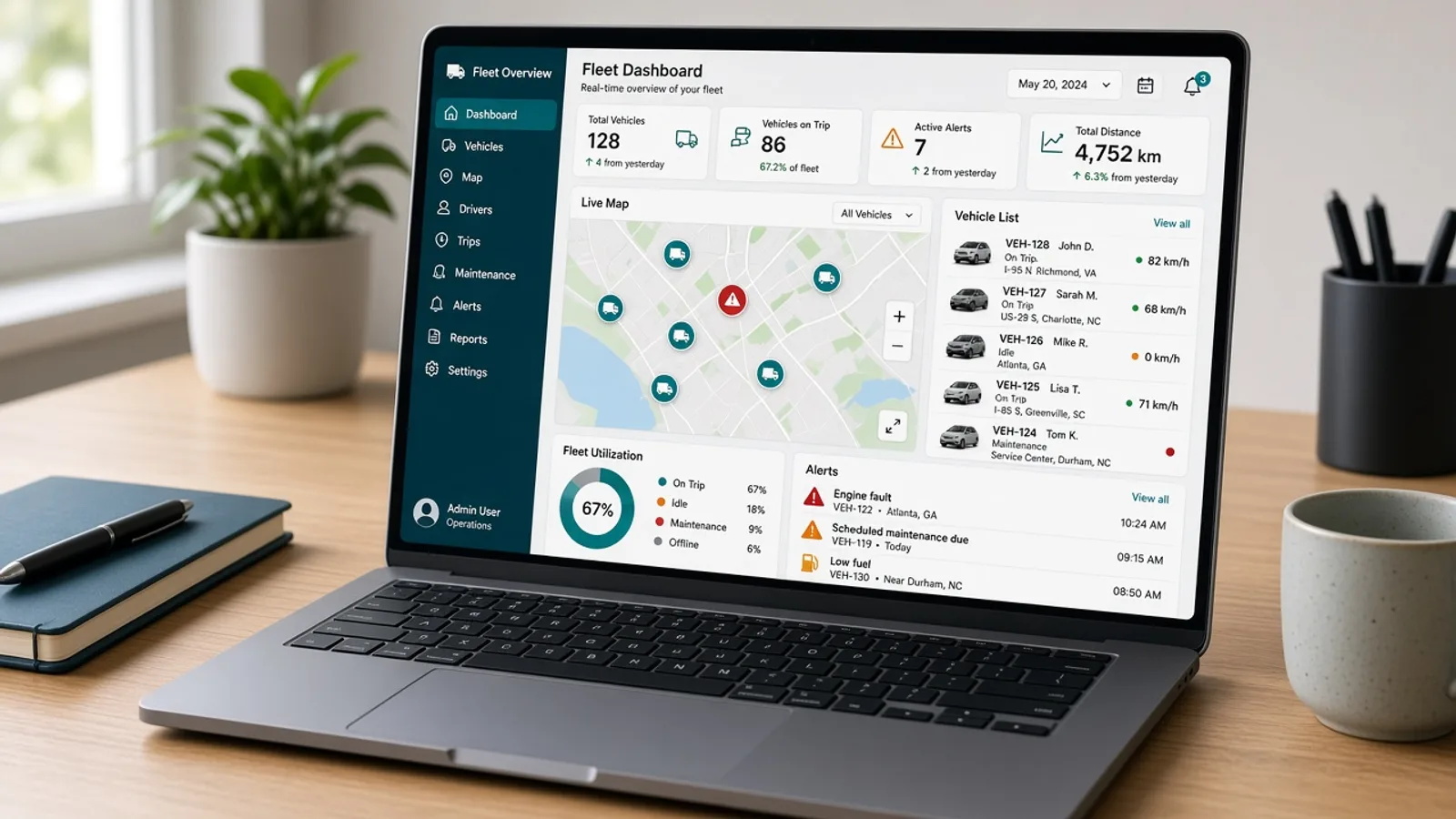 Fleet management dashboard and GPS tracking screens