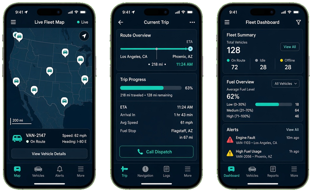 fleet management GPS tracking app screens