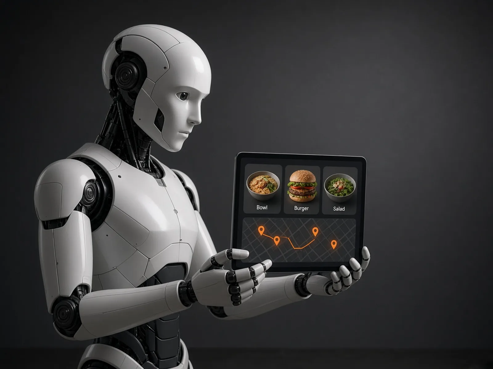 AI robot reviewing food recommendations and delivery routes