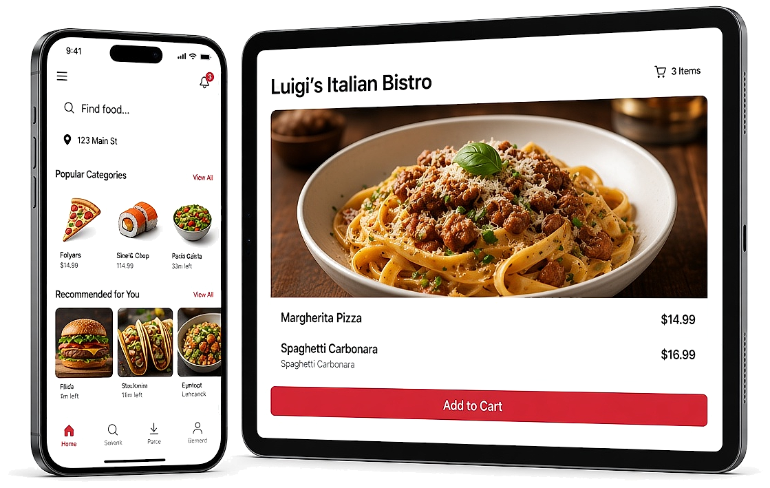 Laptop and phone showing food delivery ordering and tracking dashboards