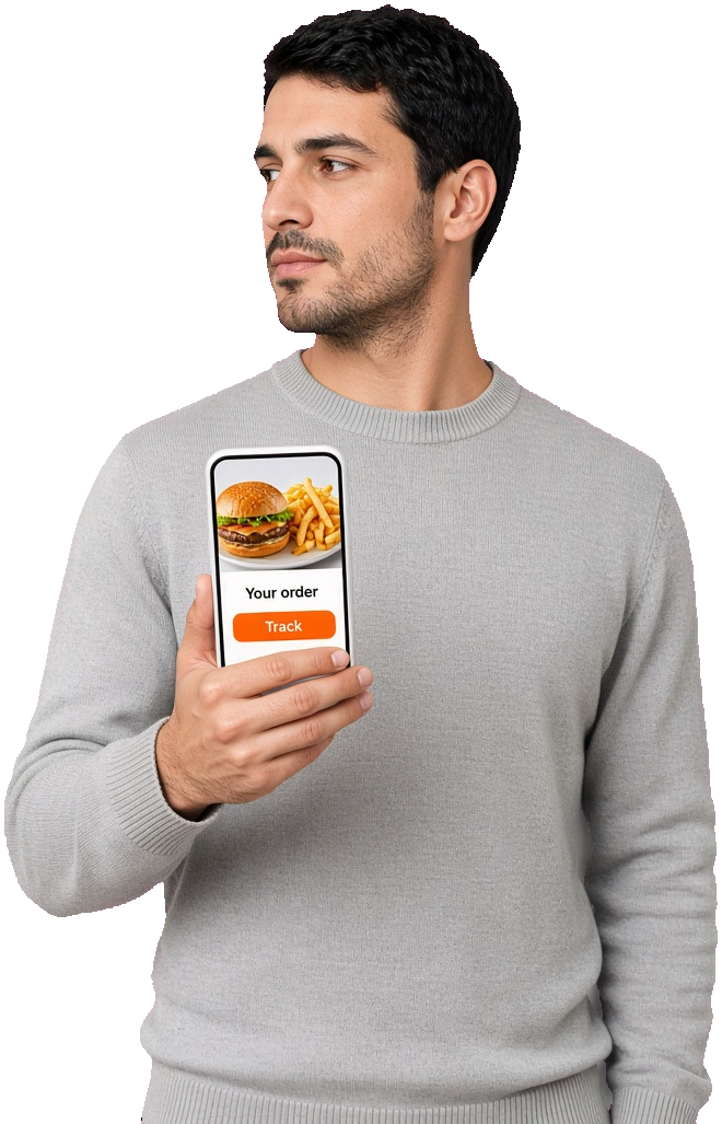 Food app specialist holding an order tracking phone