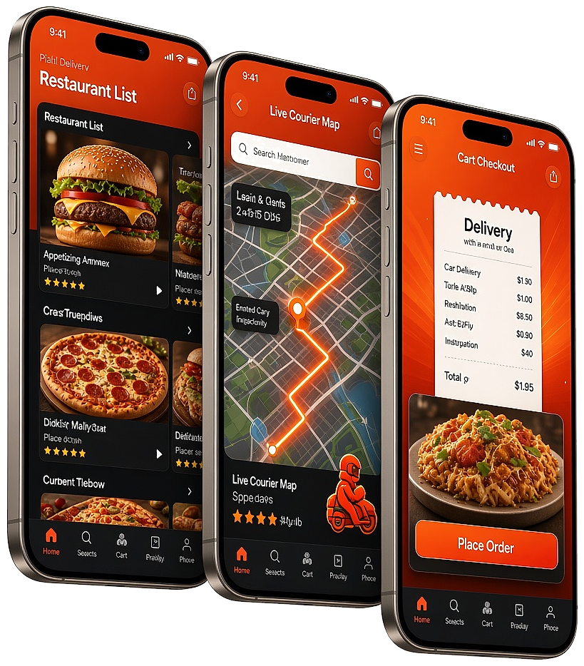 Food delivery app screens for ordering, tracking, and restaurant discovery