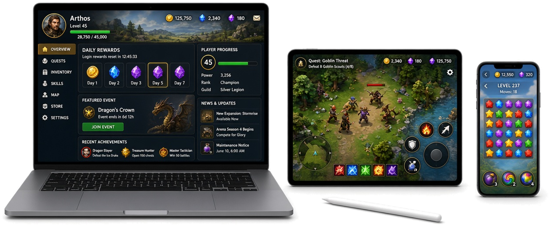 Laptop, tablet, and phone showing game dashboards