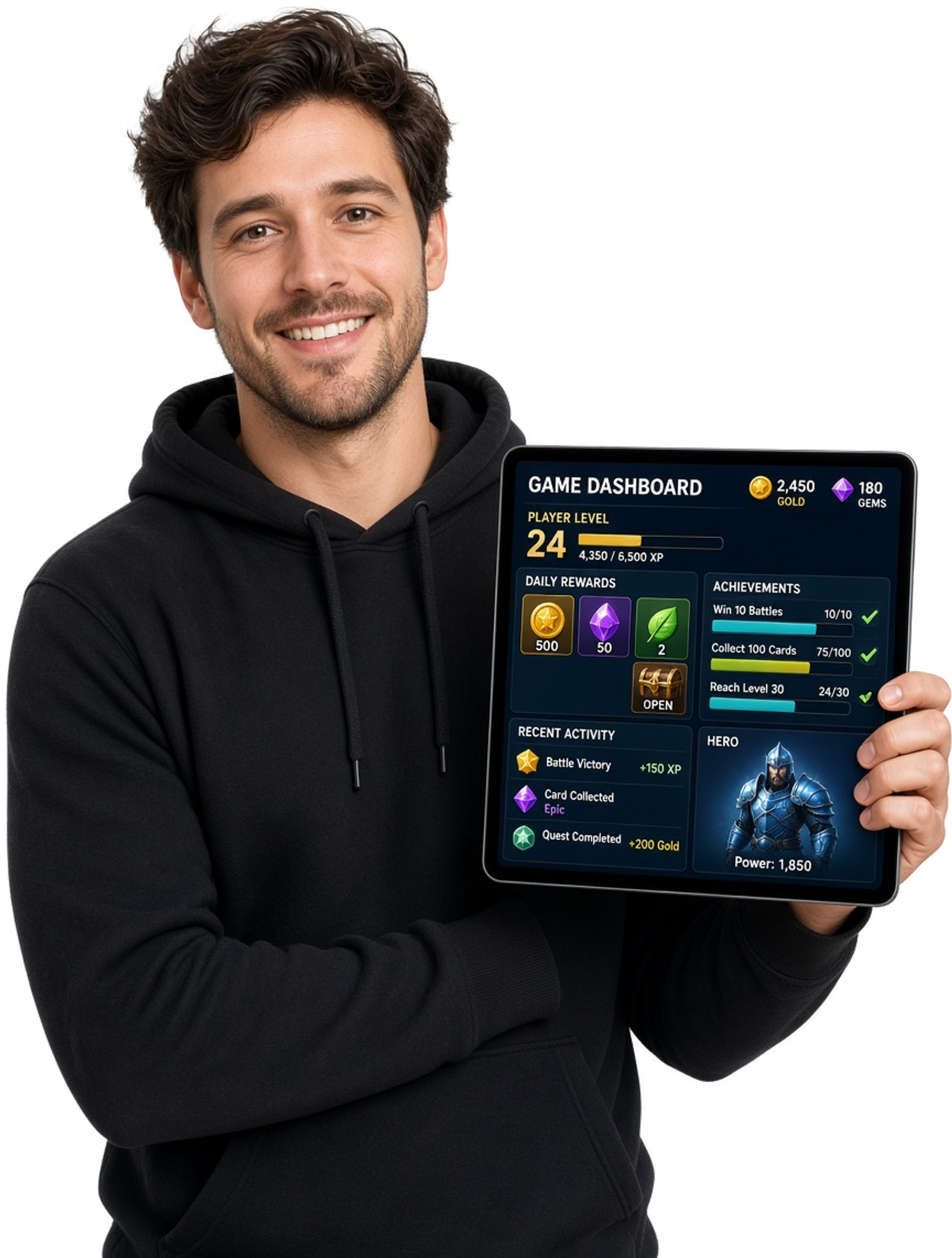 Game developer holding a tablet with a colorful game dashboard