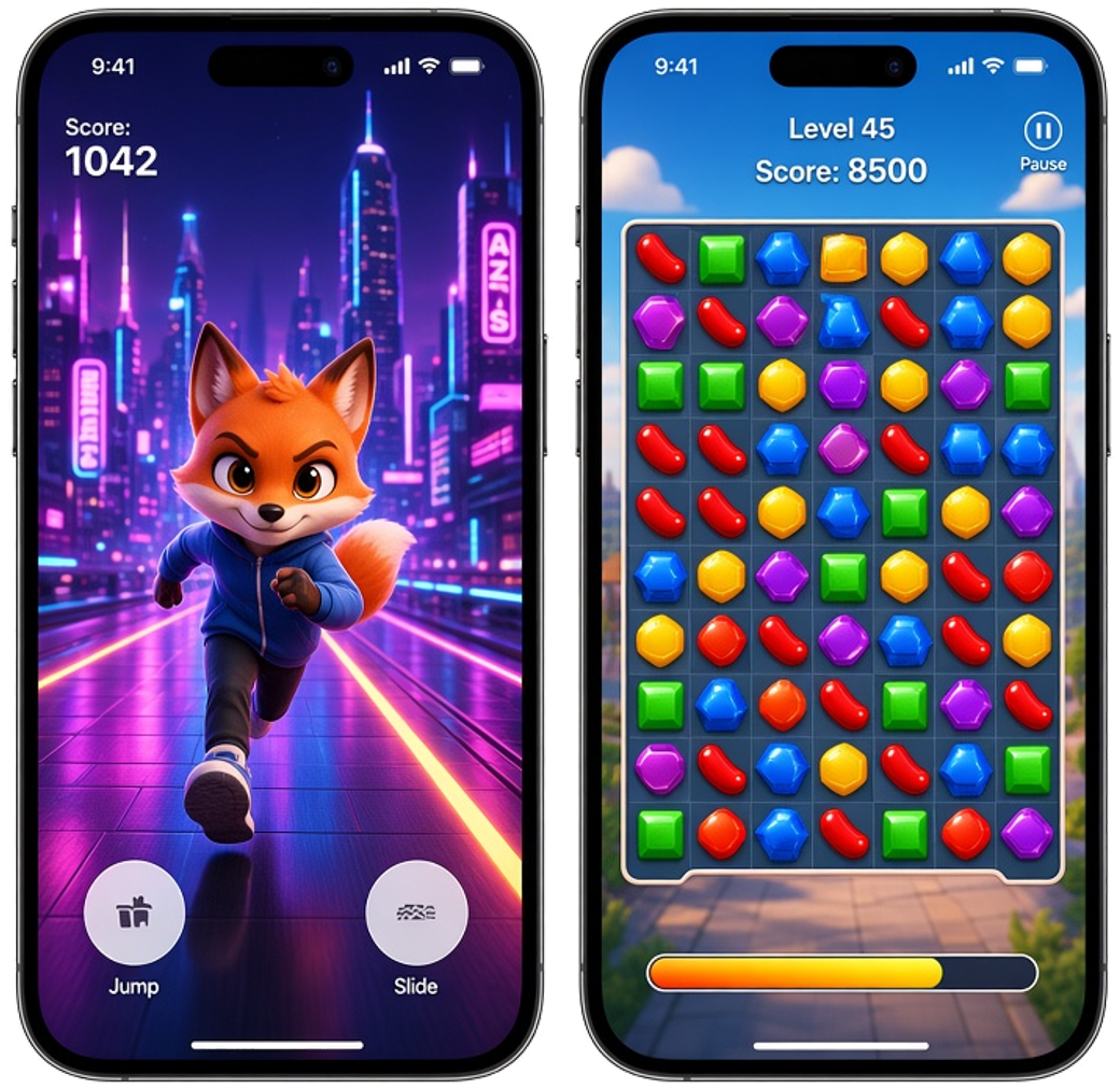 Game app screens for an endless runner and a puzzle game