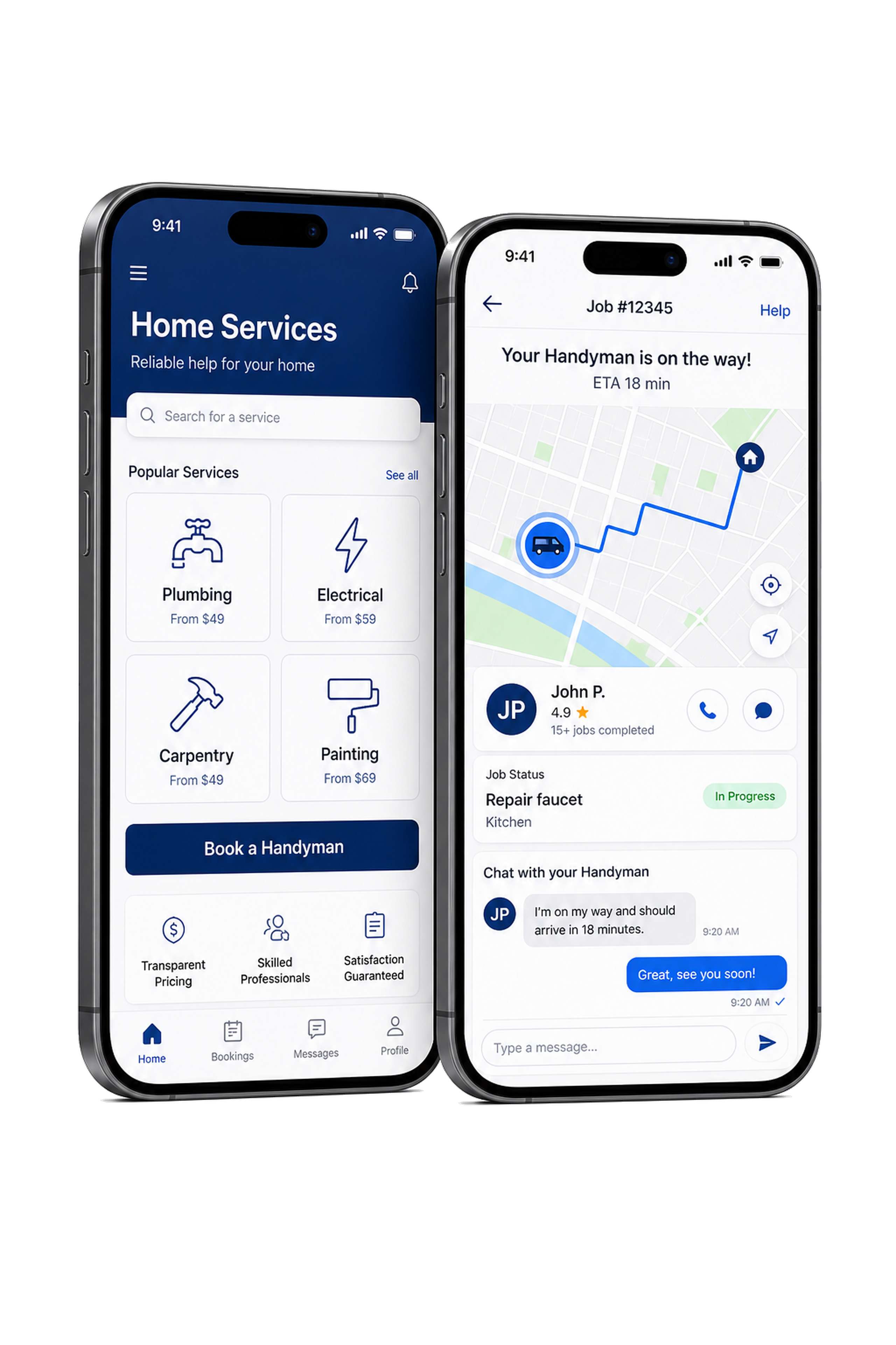 Handyman app screens for booking and live job tracking