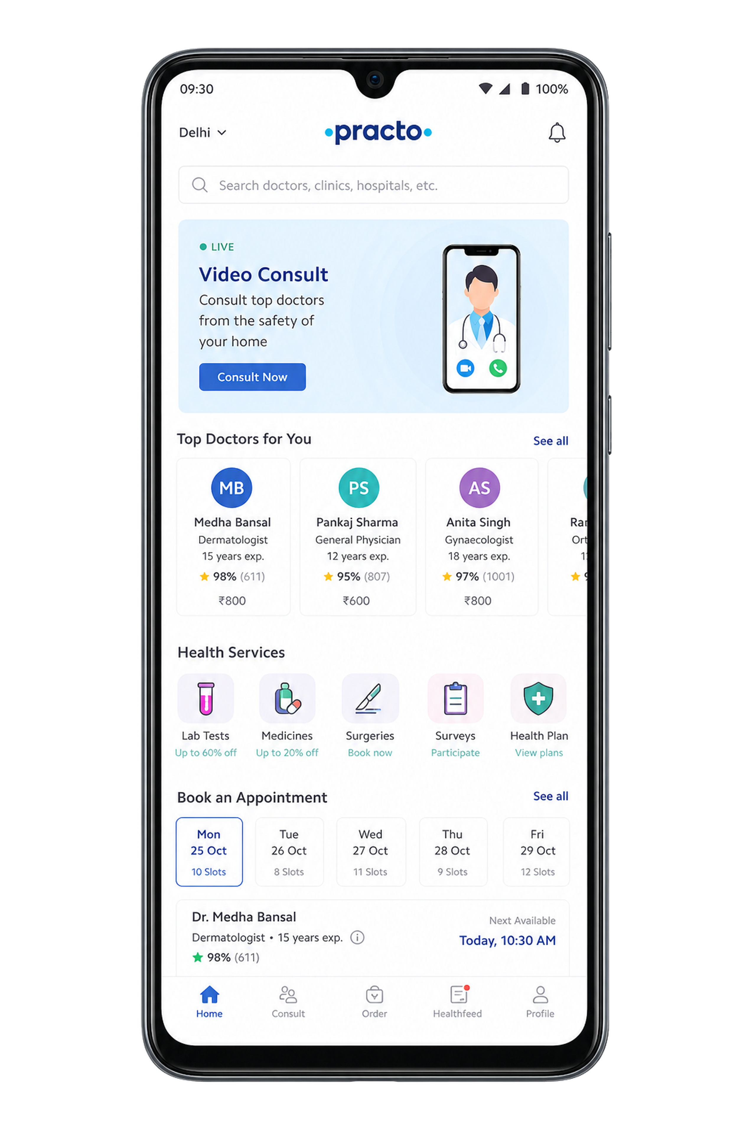Practo clone healthcare services app